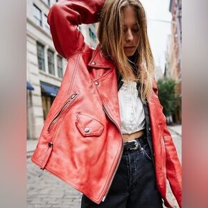 NWT Free People Jealousy Leather Moto Jacket in Flame
